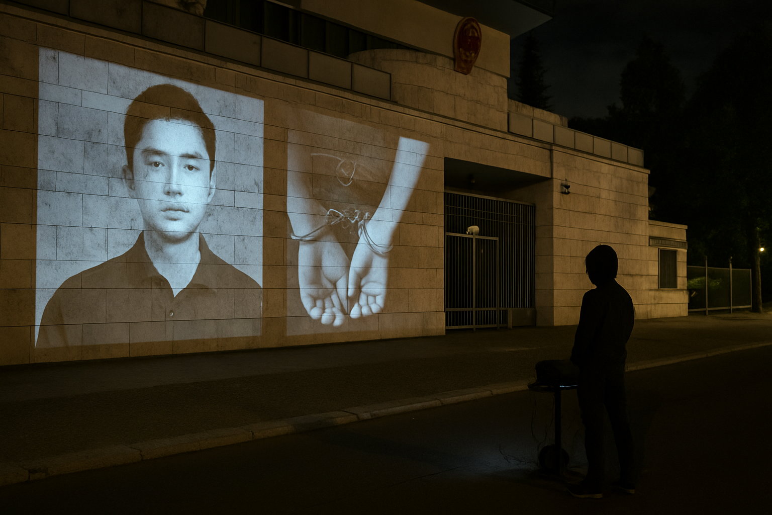 牛腾宇被捕七周年 相关画面投向中国驻德国大使馆外墙