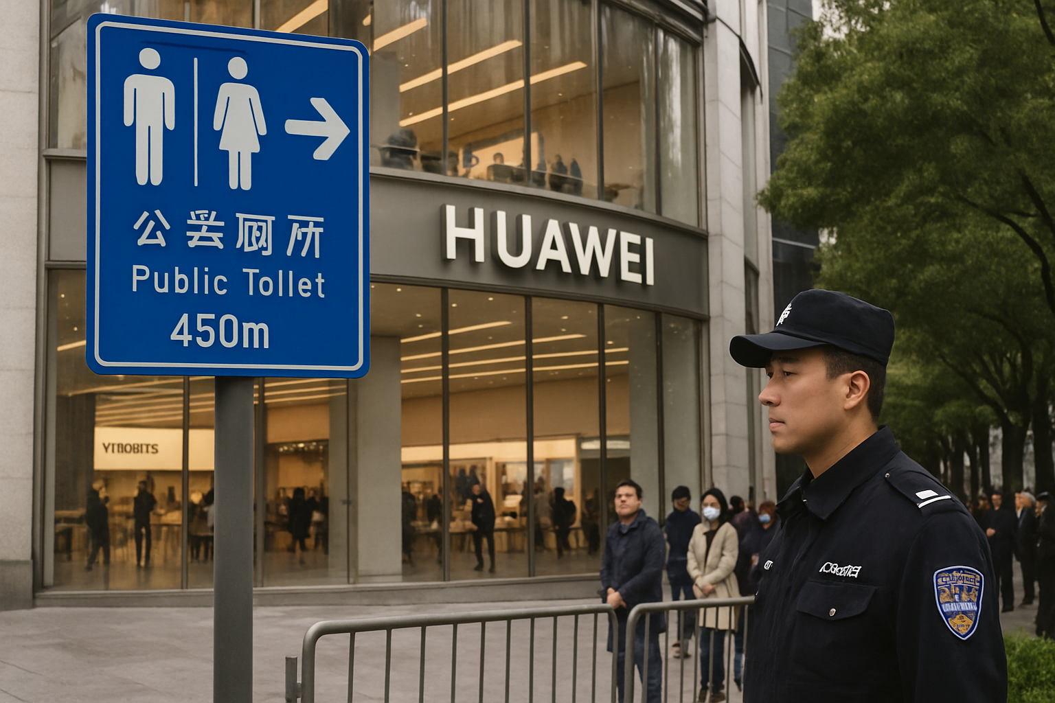 上海华为旗舰店与公共厕所路牌合照走红,警方现场禁止游客拍照