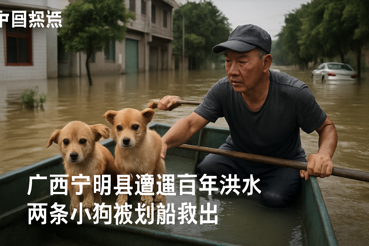 广西宁明县遭遇百年洪水 两条小狗被划船救出