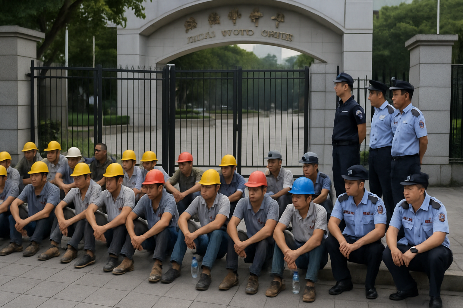 广东珠海多名工人体育中心门口静坐维权