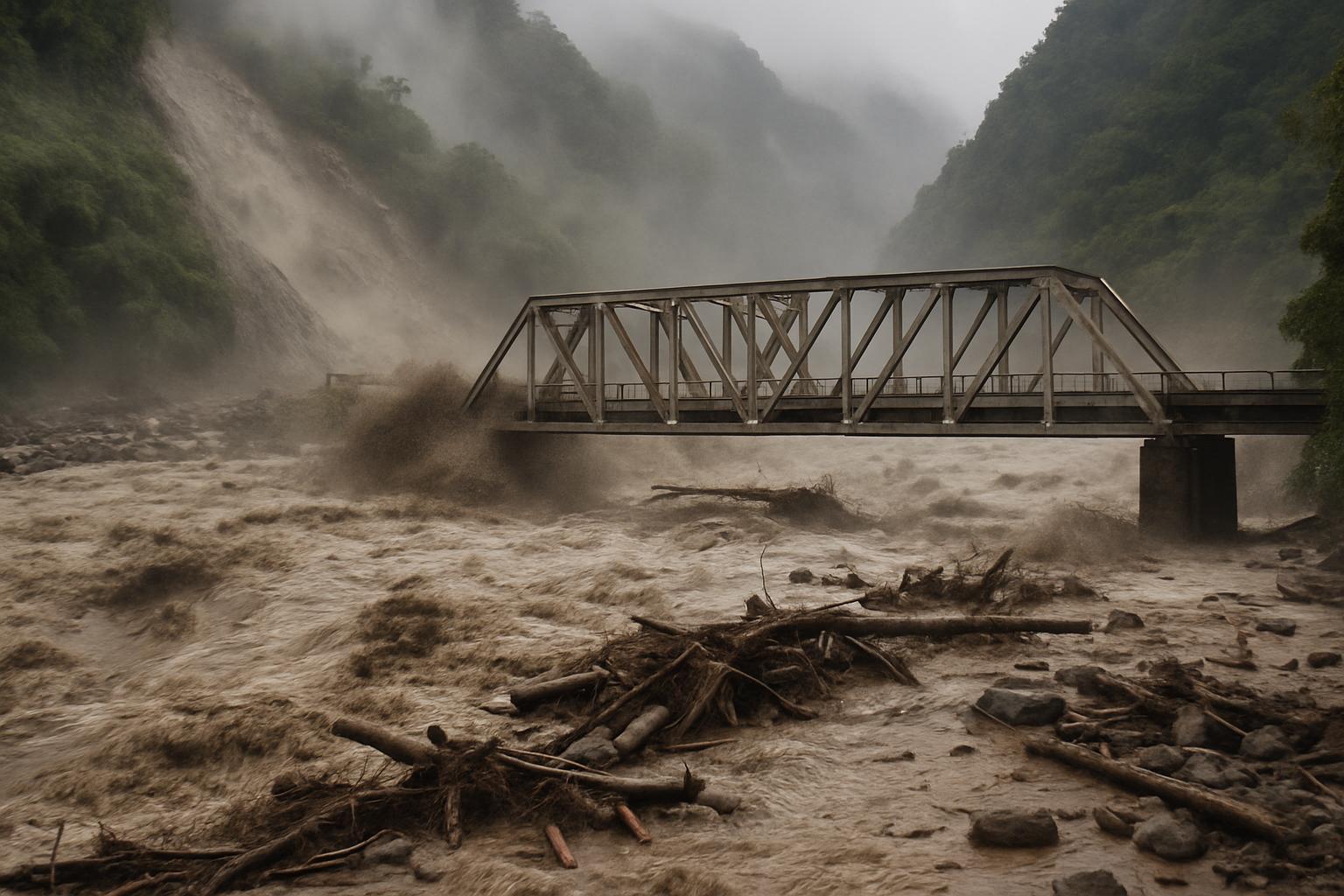 尼泊尔与西藏交界河谷发生严重泥石流 洪水冲击桥梁