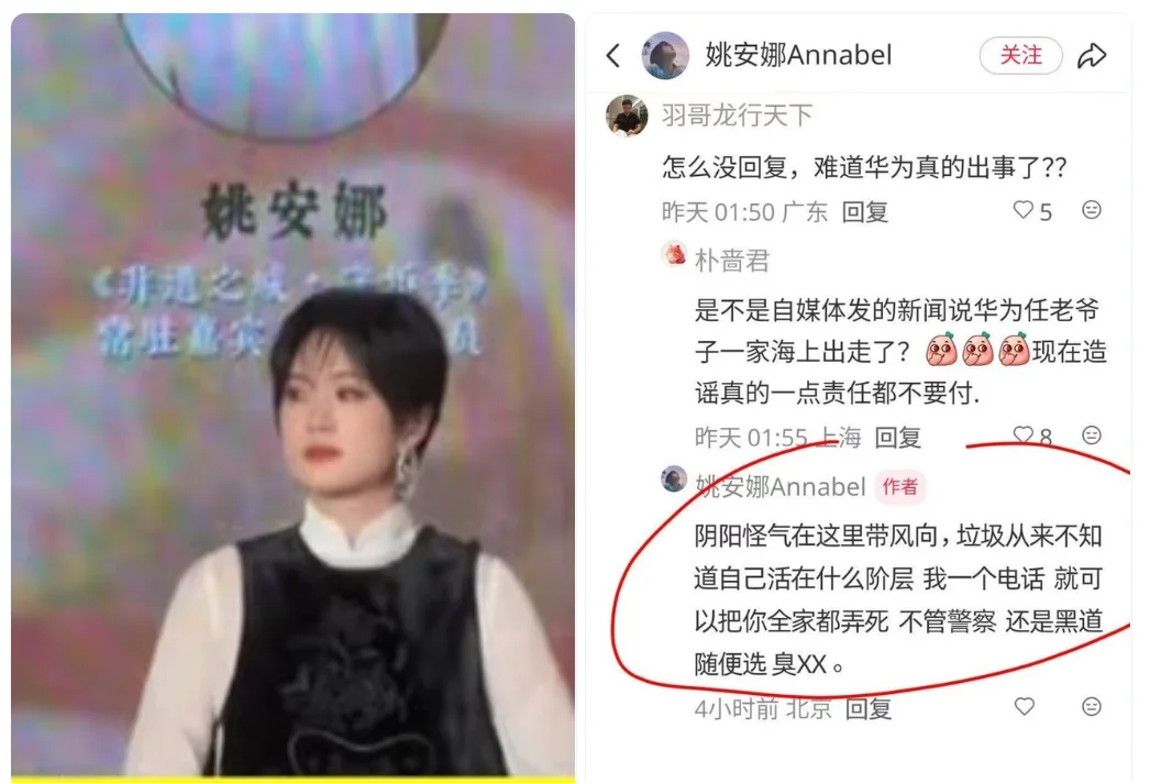网传姚安娜怒怼网友：“我一个电话就可以把你全家都弄死”
