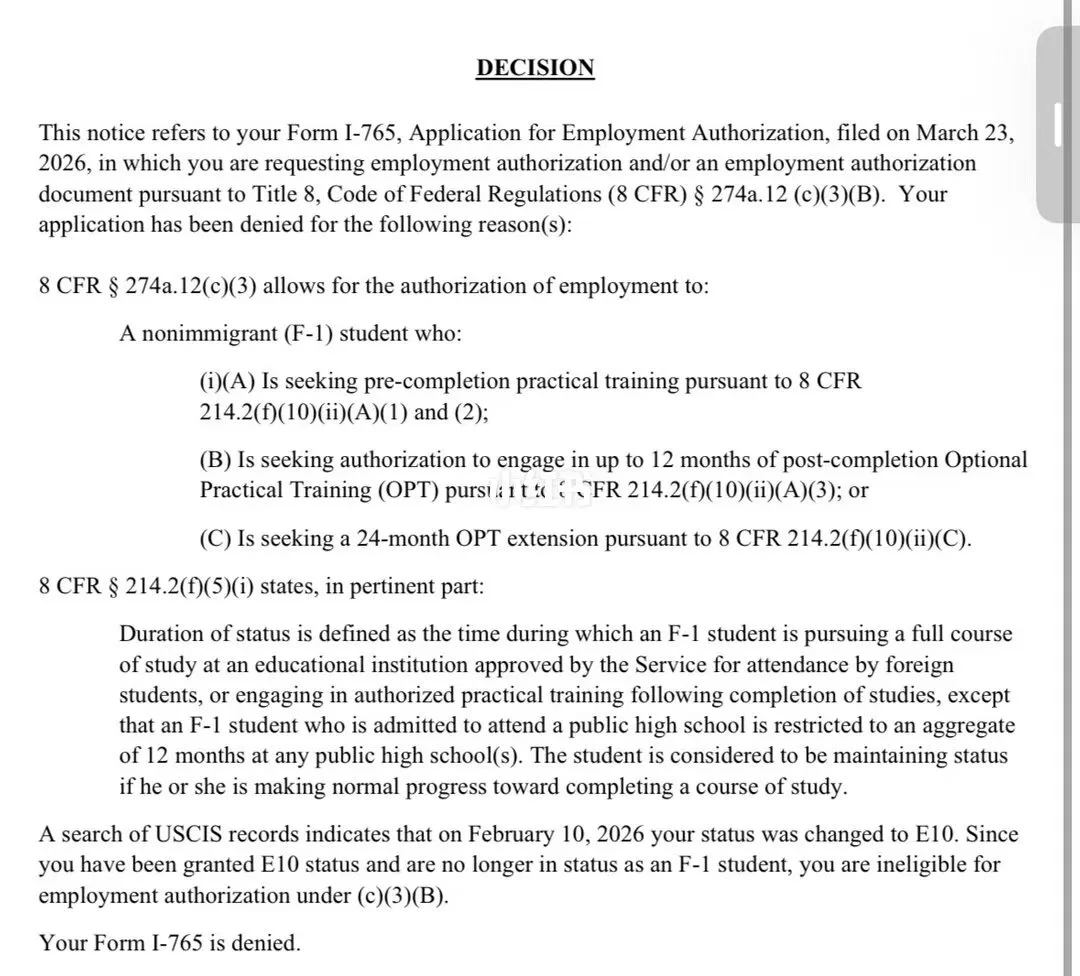 F-1留学生苦等数月OPT被拒，USCIS系统却显示身份已变“E10”