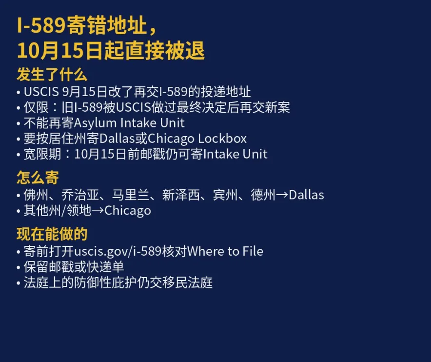 美国庇护申请邮寄新规10月15日生效，I-589寄错地址将直接退回