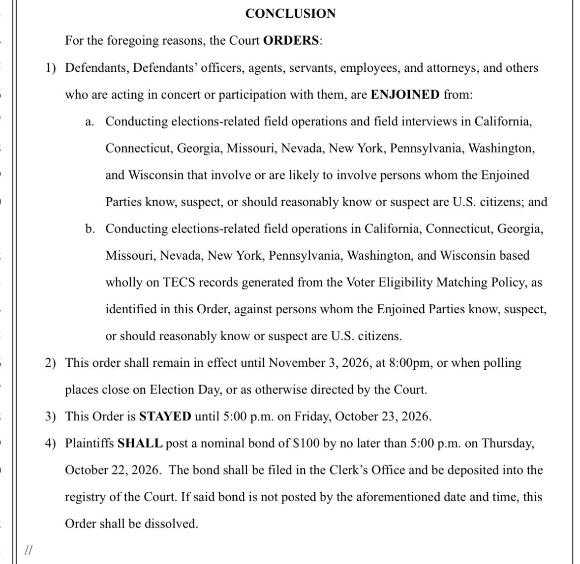 DHS 九州选举执法遭法院设限，公民实地调查禁令持续至投票结束
